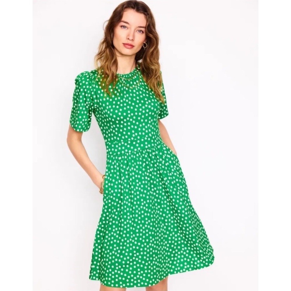 Boden Louisa Short Jersey Dress Women's 12L Lime Juice Green Abstract Polka Dot
